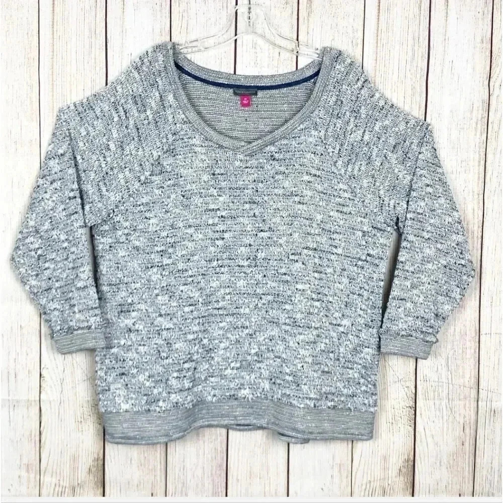 Vince Camuto Women Size 2X Knit Pullover Sweater 3/4 Sleeve Grey Blue Side Slit 